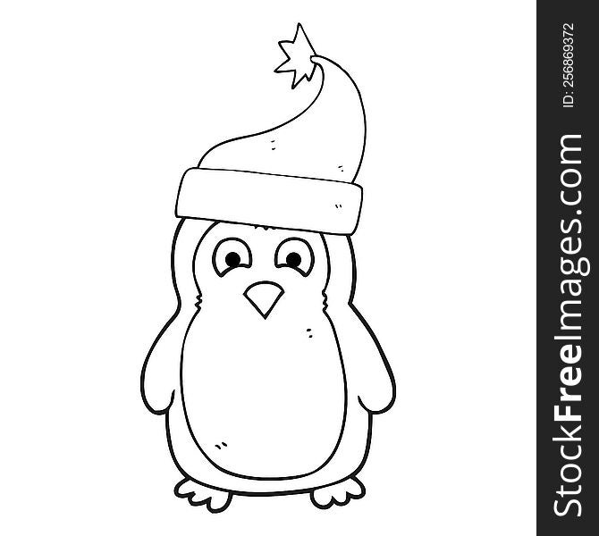 freehand drawn black and white cartoon christmas robin wearing christmas hat. freehand drawn black and white cartoon christmas robin wearing christmas hat