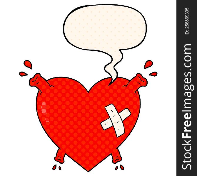 cartoon heart squirting blood with speech bubble in comic book style