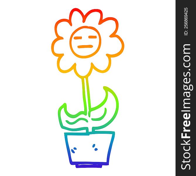 Rainbow Gradient Line Drawing Cartoon Flower In Pot