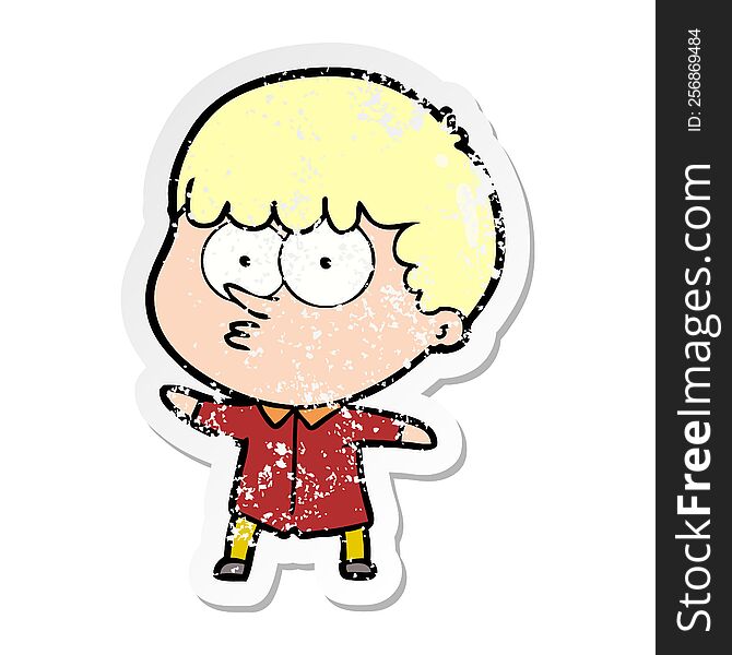 Distressed Sticker Of A Cartoon Curious Boy