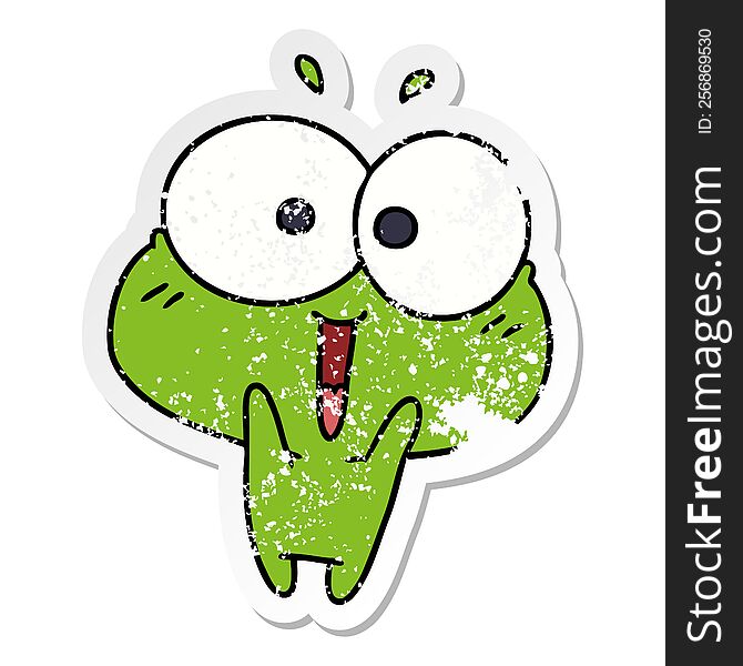 distressed sticker cartoon illustration kawaii excited cute frog. distressed sticker cartoon illustration kawaii excited cute frog
