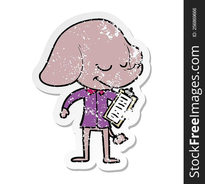 Distressed Sticker Of A Cartoon Smiling Elephant With Clipboard
