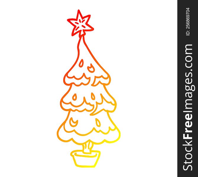 warm gradient line drawing of a cartoon snowy christmas tree