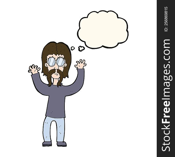 Cartoon Hippie Man Waving Arms With Thought Bubble