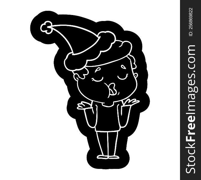 quirky cartoon icon of a man talking and shrugging shoulders wearing santa hat