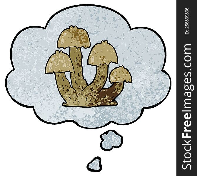 Cartoon Mushrooms And Thought Bubble In Grunge Texture Pattern Style