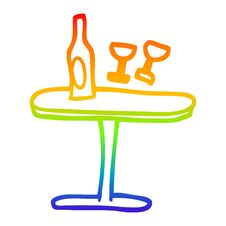Rainbow Gradient Line Drawing Cartoon Table With Bottle And Glasses Stock Photography