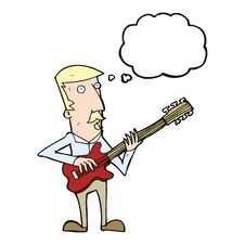 Cartoon Man Playing Electric Guitar With Thought Bubble Stock Photo
