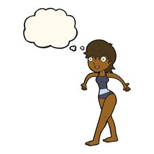 Cartoon Happy Woman In Swimming Costume With Thought Bubble Stock Photo