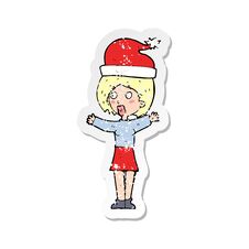 Retro Distressed Sticker Of A Cartoon Woman Wearing Xmas Hat Royalty Free Stock Images