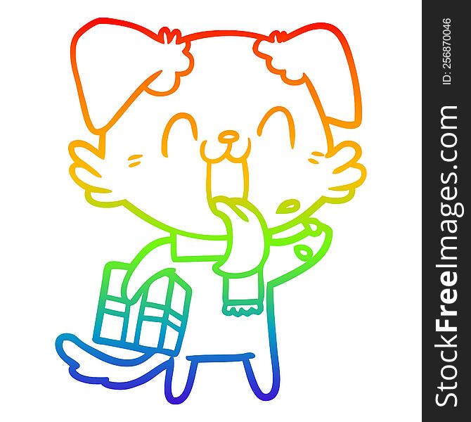 Rainbow Gradient Line Drawing Cartoon Panting Dog With Present