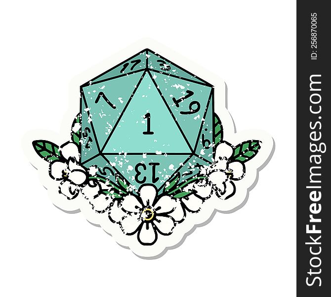 grunge sticker of a natural one dice roll with floral elements. grunge sticker of a natural one dice roll with floral elements