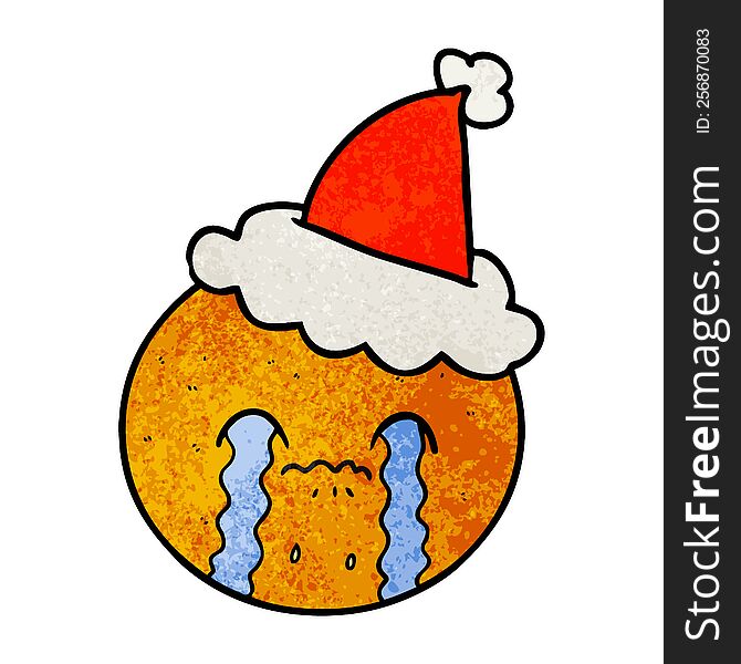 hand drawn textured cartoon of a orange wearing santa hat