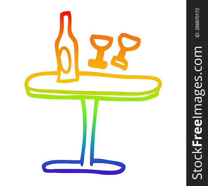 Rainbow Gradient Line Drawing Cartoon Table With Bottle And Glasses