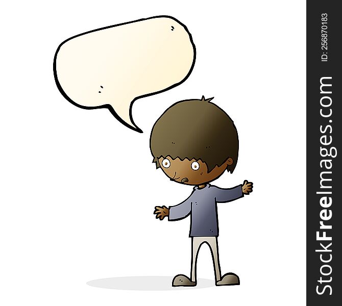 cartoon boy with outstretched arms with speech bubble