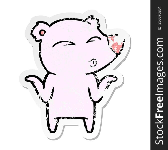 Distressed Sticker Of A Cartoon Bear Shrugging