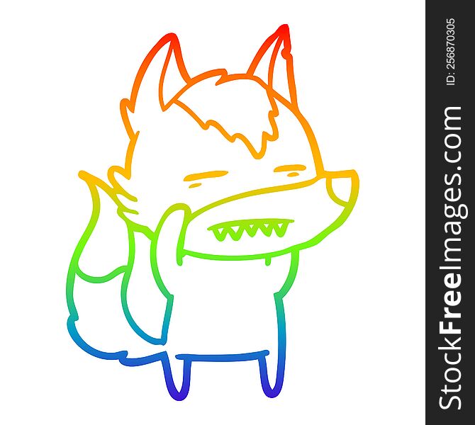 rainbow gradient line drawing of a cartoon wolf showing teeth