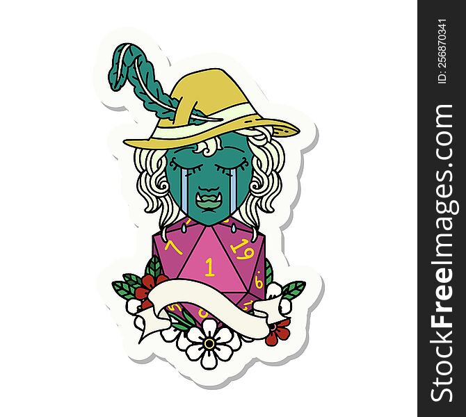 Crying Orc Bard Character With Natural One D20 Roll Sticker