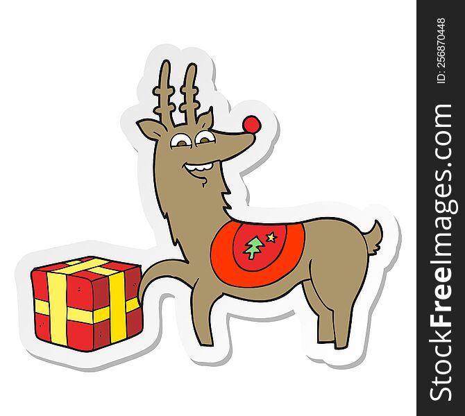 sticker of a cartoon christmas reindeer with present