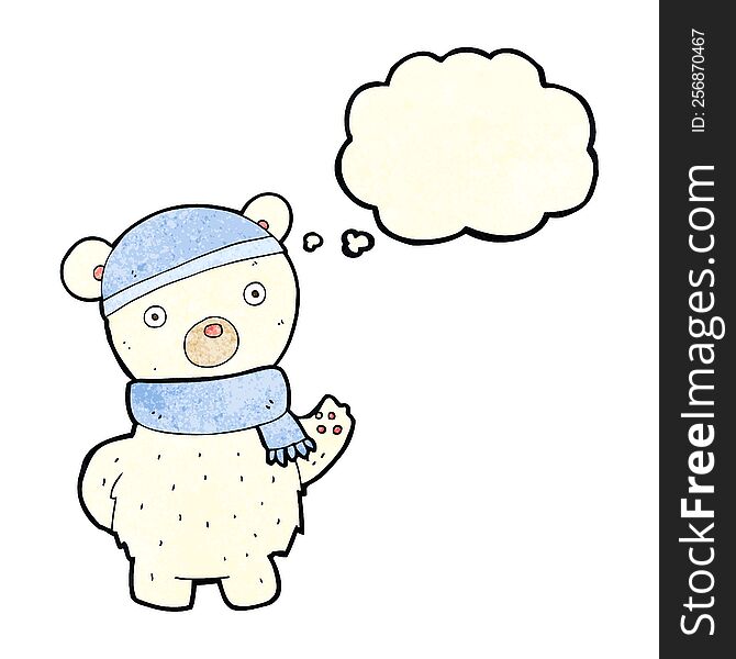 cartoon polar bear in winter hat and scarf with thought bubble