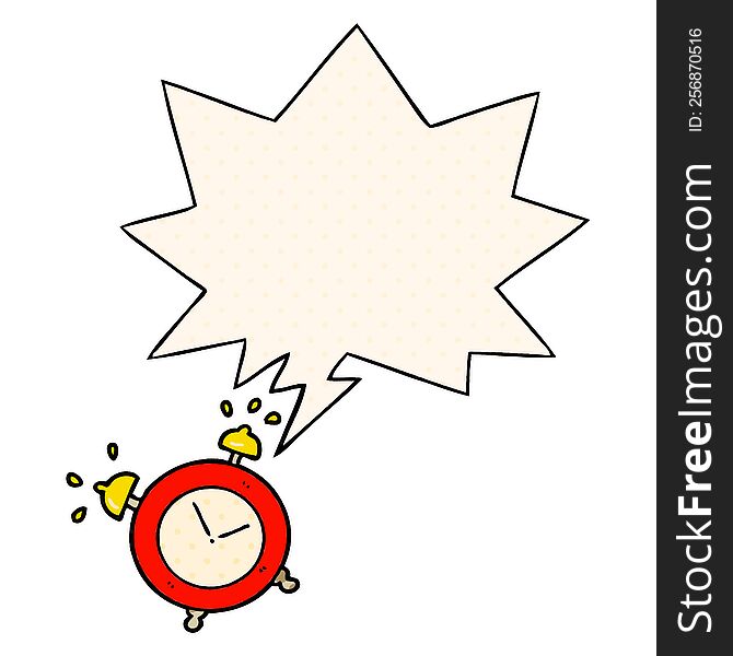 cartoon ringing alarm clock with speech bubble in comic book style