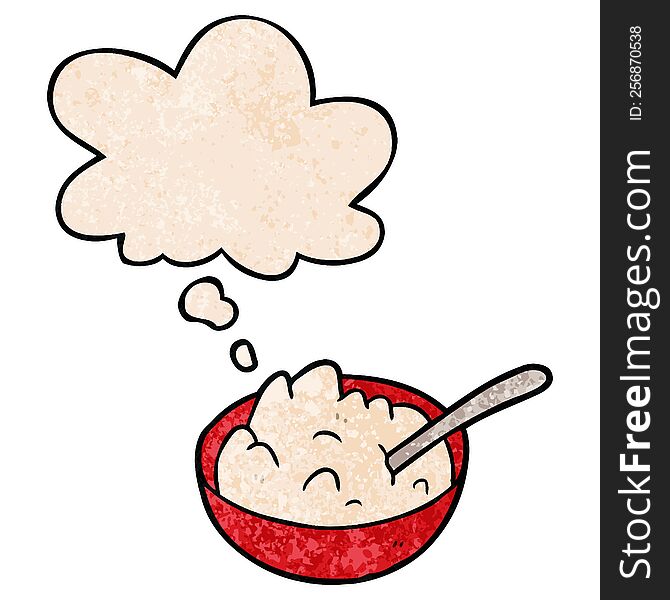 cartoon bowl of porridge with thought bubble in grunge texture style. cartoon bowl of porridge with thought bubble in grunge texture style
