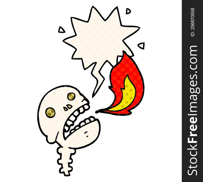 cartoon spooky halloween skull with speech bubble in comic book style