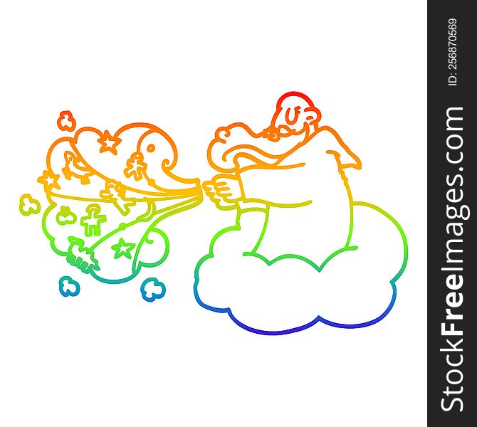 rainbow gradient line drawing of a cartoon god creating universe