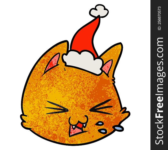spitting hand drawn textured cartoon of a cat face wearing santa hat. spitting hand drawn textured cartoon of a cat face wearing santa hat