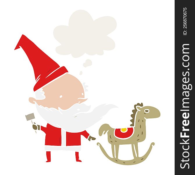 Cartoon Santa Making Toy And Thought Bubble In Retro Style