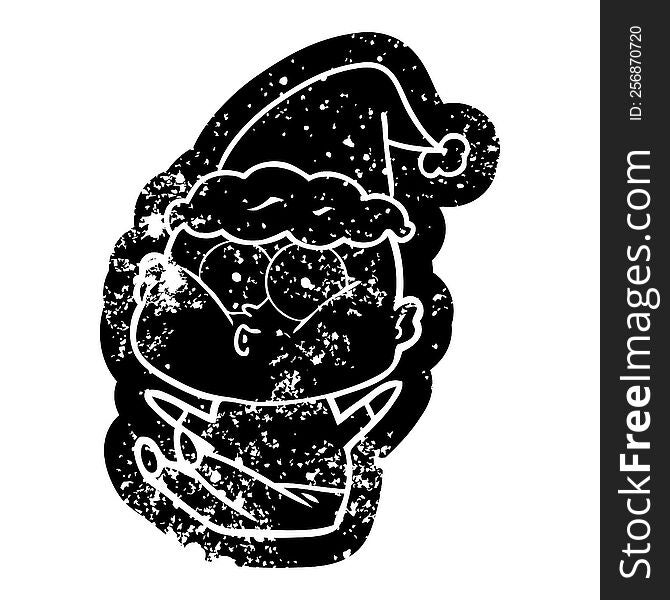 quirky cartoon distressed icon of a bald man staring wearing santa hat