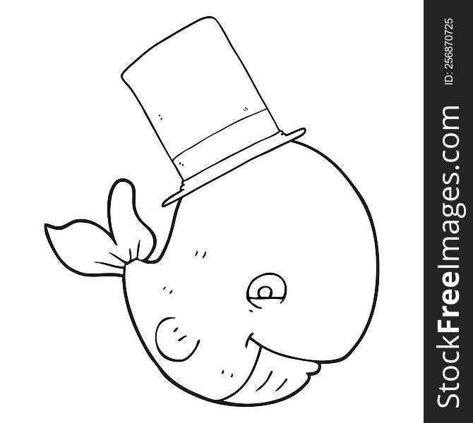 freehand drawn black and white cartoon whale in top hat