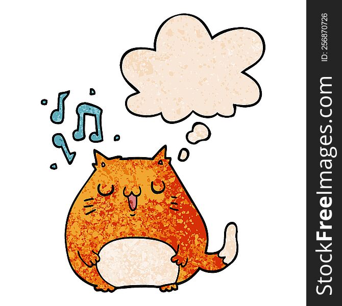 Cartoon Cat Singing And Thought Bubble In Grunge Texture Pattern Style