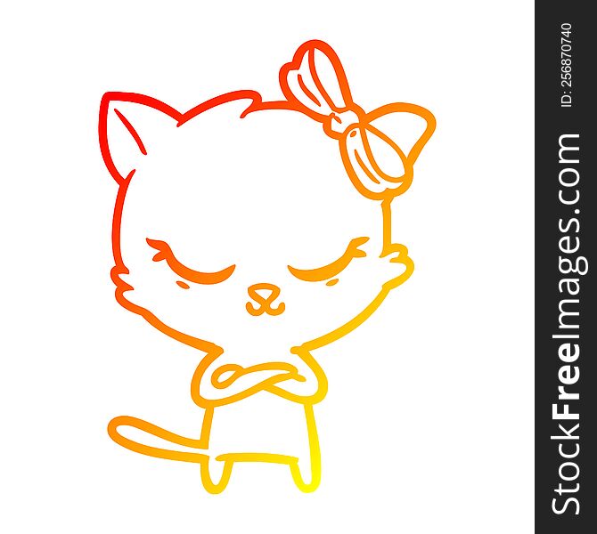 warm gradient line drawing of a cute cartoon cat with bow
