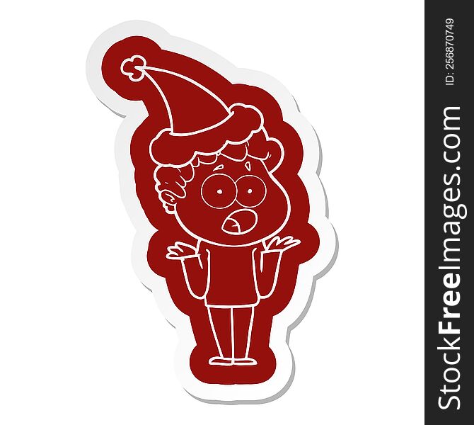 quirky cartoon  sticker of a man gasping in surprise wearing santa hat