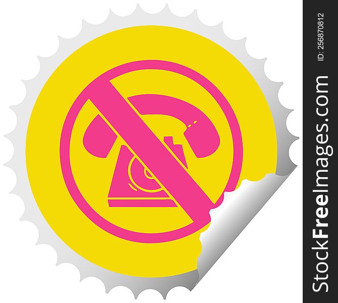 circular peeling sticker cartoon of a no phones allowed sign