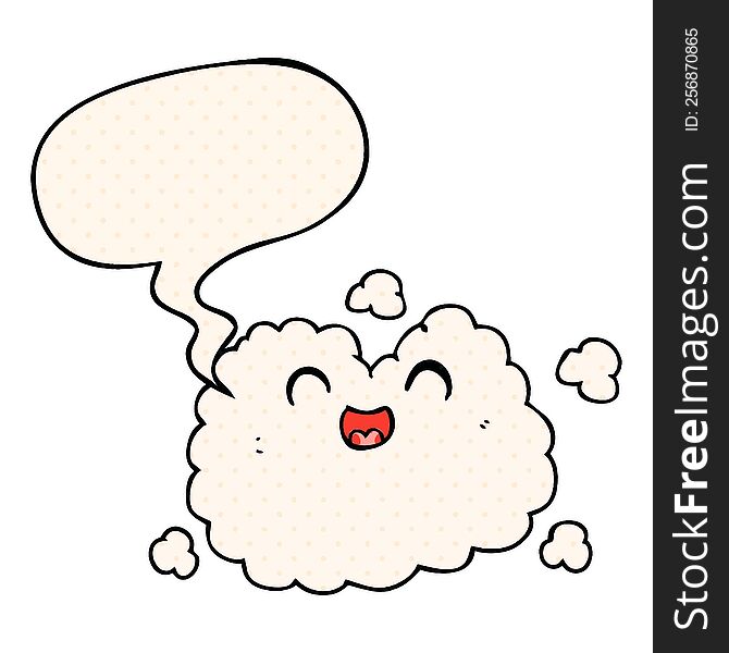 cartoon happy smoke cloud and speech bubble in comic book style