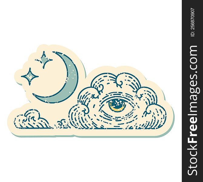 iconic distressed sticker tattoo style image of moon stars and cloud. iconic distressed sticker tattoo style image of moon stars and cloud