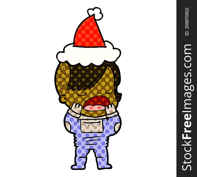 Comic Book Style Illustration Of A Cool Hipster Girl In Space Suit Wearing Santa Hat