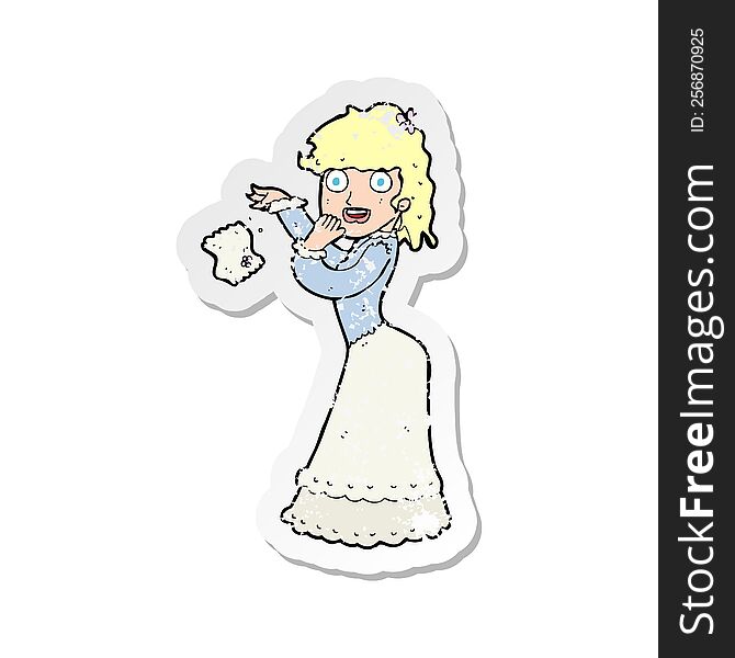 retro distressed sticker of a cartoon victorian woman dropping handkerchief