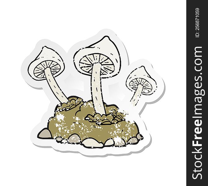 retro distressed sticker of a cartoon mushrooms growing