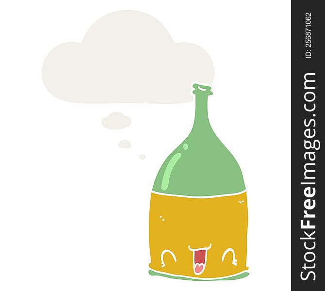 cartoon wine bottle with thought bubble in retro style