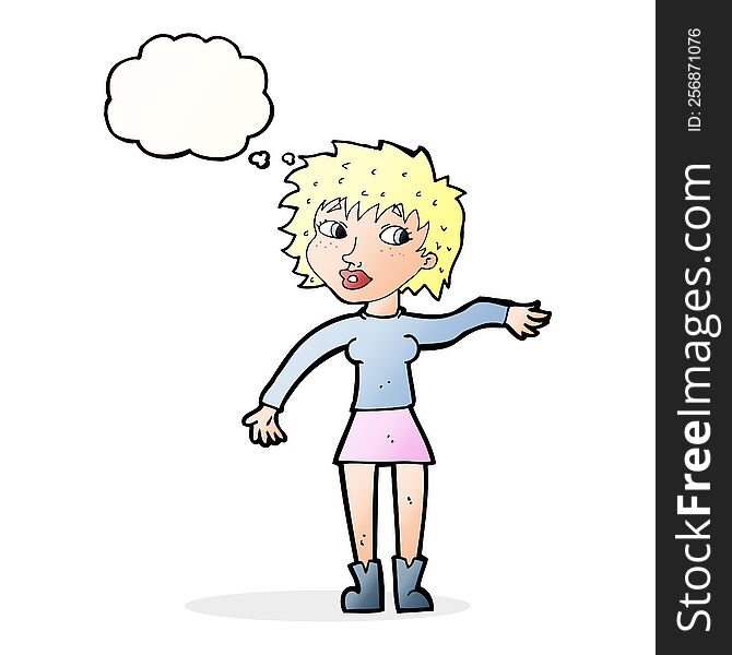 Cartoon Friendly Woman Waving With Thought Bubble