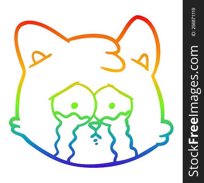 rainbow gradient line drawing of a crying cartoon cat face