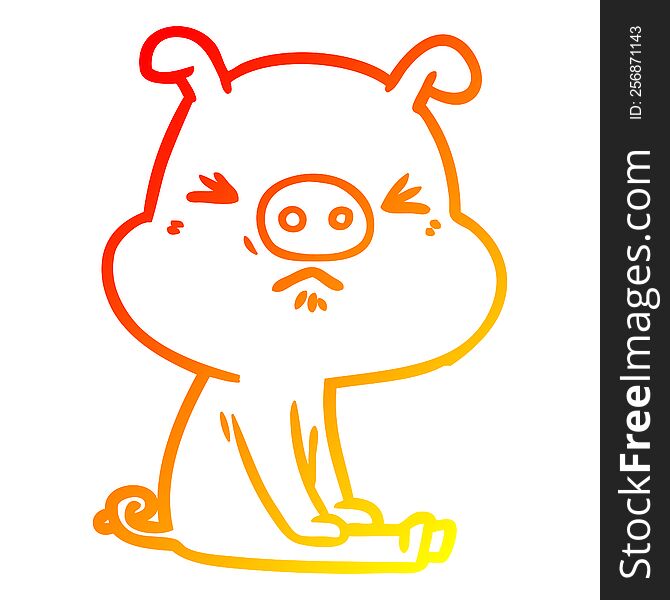 warm gradient line drawing of a cartoon angry pig sat waiting