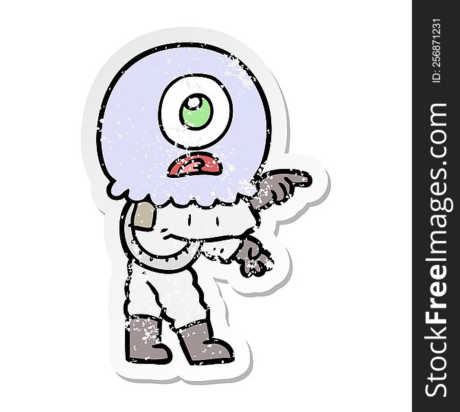 Distressed Sticker Of A Cartoon Cyclops Alien Spaceman Pointing