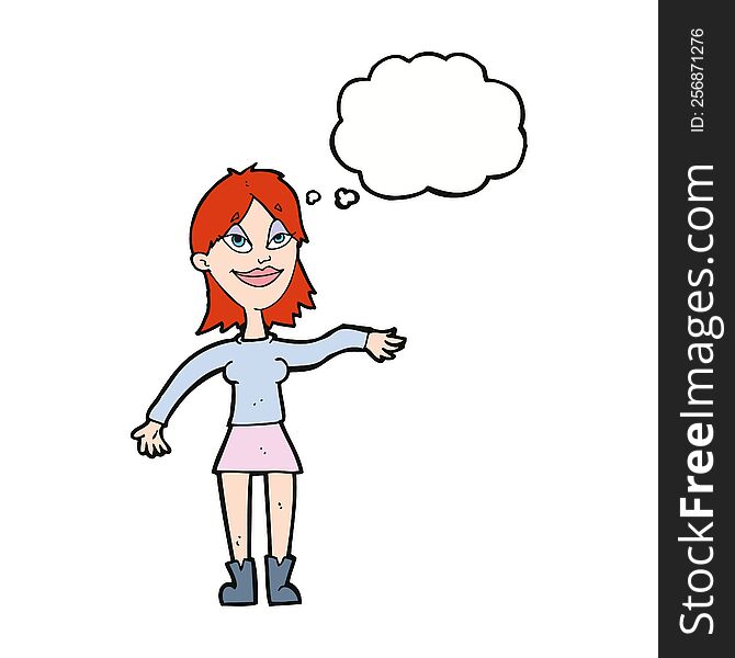 cartoon woman making hand gesture with thought bubble