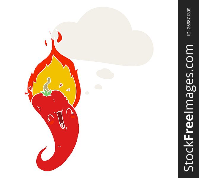 cartoon flaming hot chili pepper with thought bubble in retro style