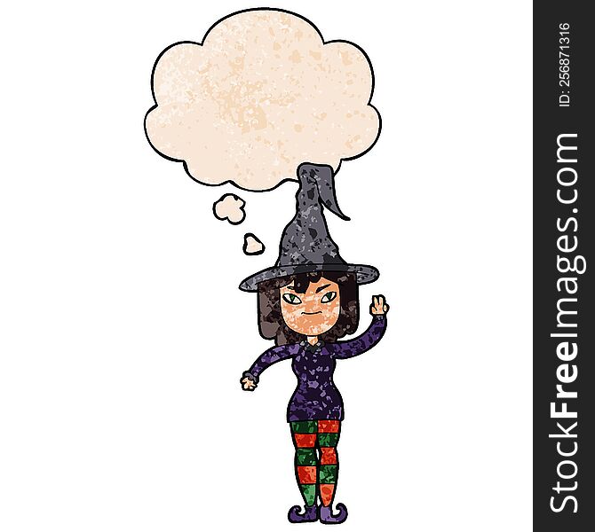 Cartoon Witch And Thought Bubble In Grunge Texture Pattern Style