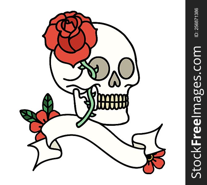 Tattoo With Banner Of A Skull And Rose